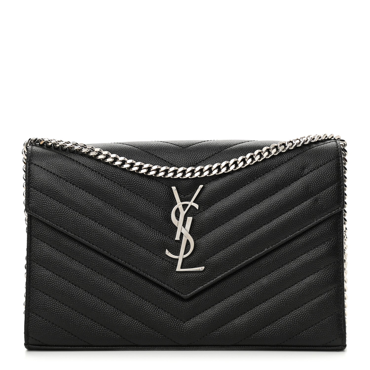 Saint Laurent Grain De Poudre Matelasse Chevron Monogram Chain Wallet Black 1 of 9