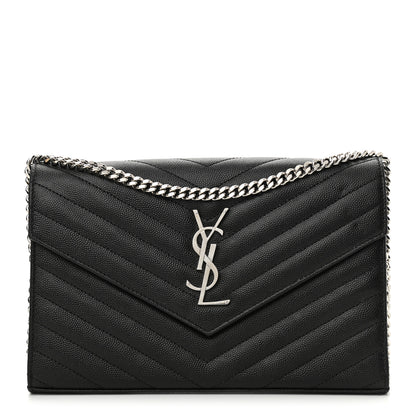 Saint Laurent Grain De Poudre Matelasse Chevron Monogram Chain Wallet Black 1 of 9