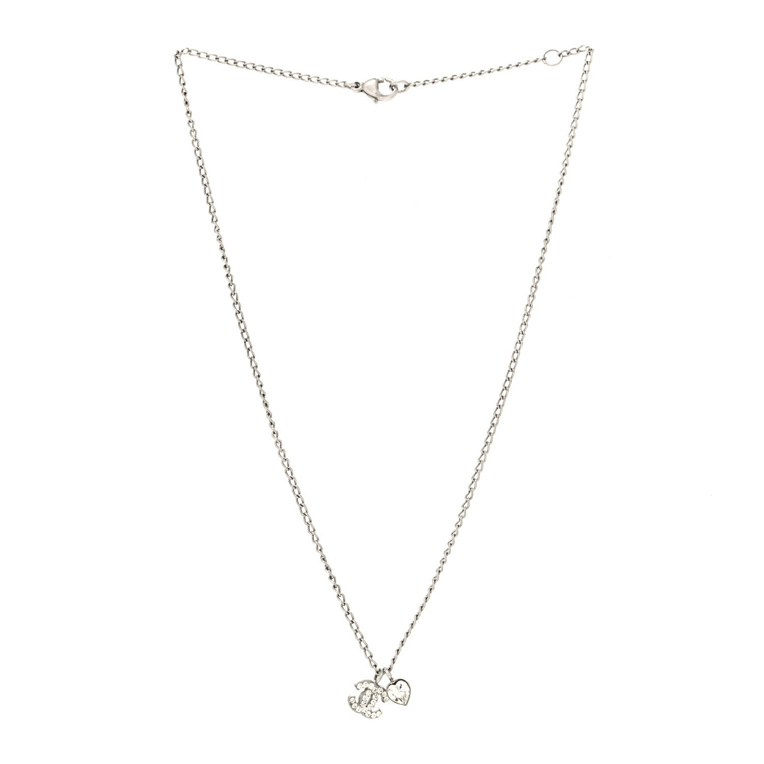 Chanel Crystal Mini Heart CC Necklace Silver 3 of 5
