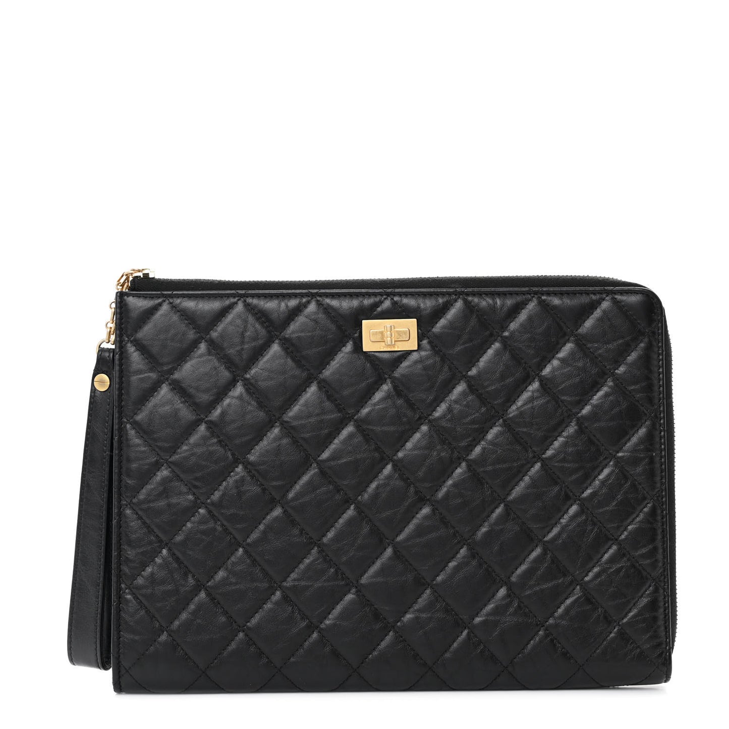 Aged Calfskin Quilted 2.55 Reissue Pouch With Handle Black