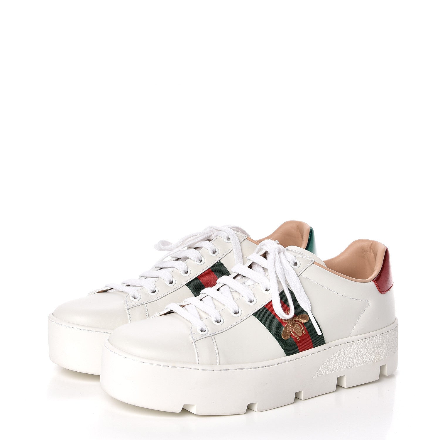 Gucci Calfskin Web Bee Embroidered Womens Ace Platform Sneakers 39 White 3 of 10