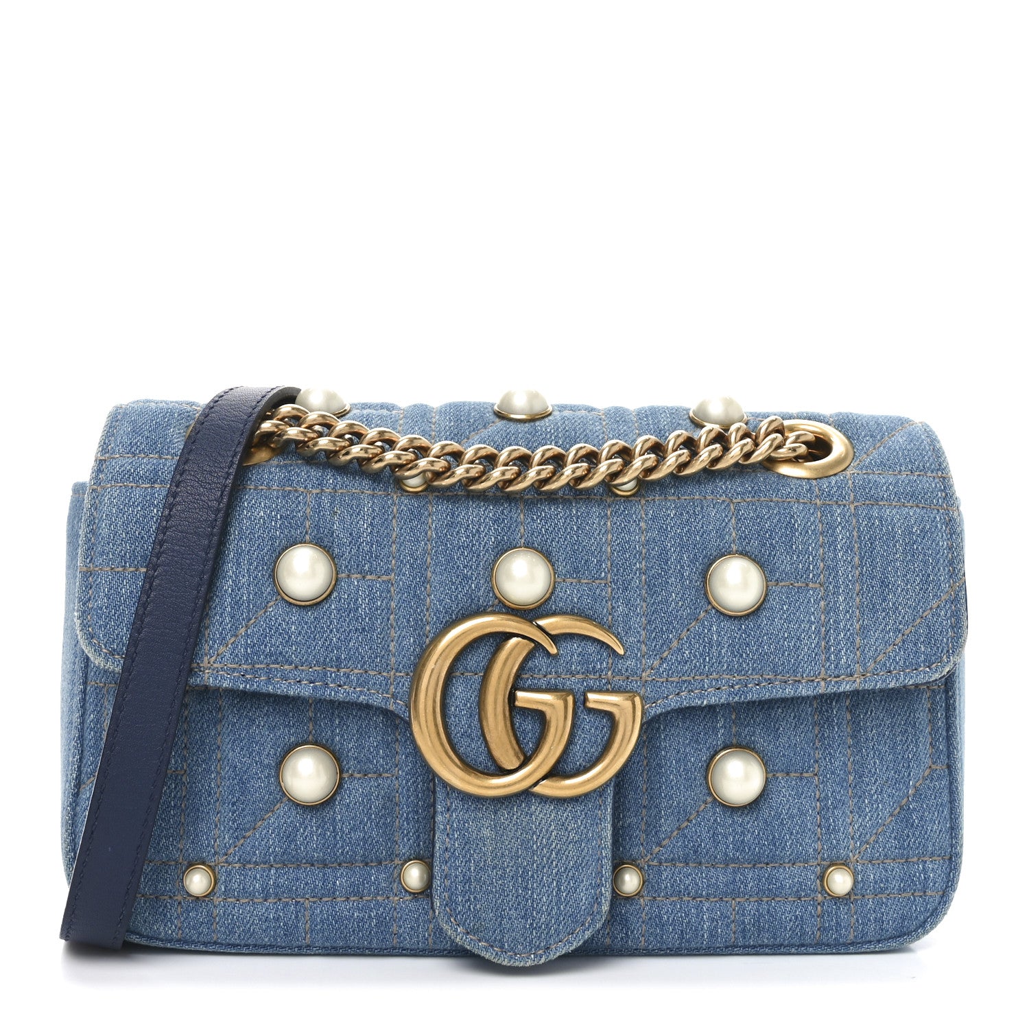 Gucci Denim Matelasse Pearl Studded Mini GG Marmont Shoulder Bag Blue 1 of 9