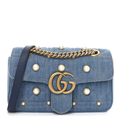 Gucci Denim Matelasse Pearl Studded Mini GG Marmont Shoulder Bag Blue 1 of 9