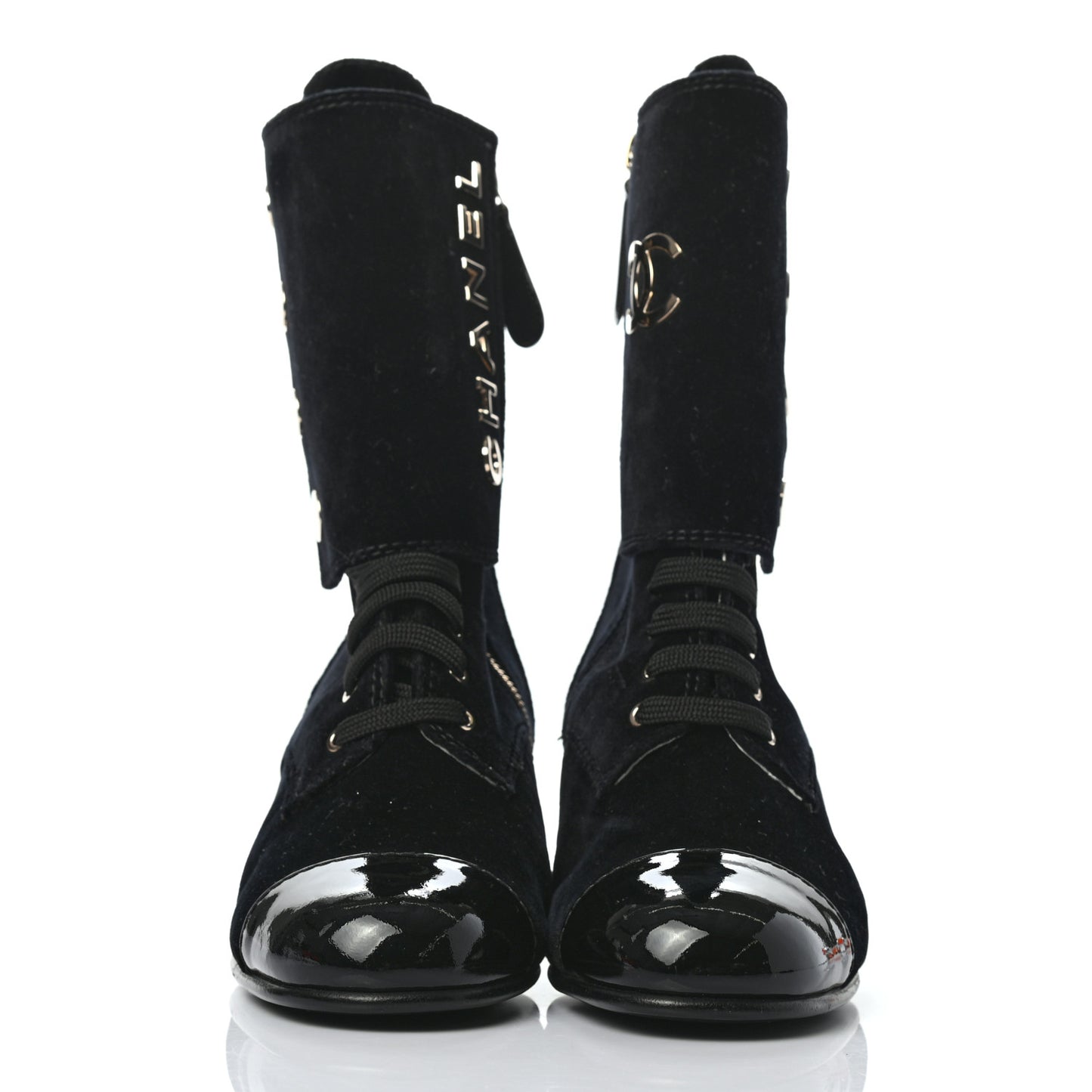 Velvet Patent Cap Toe CC Lace Up Boots 38.5 Black