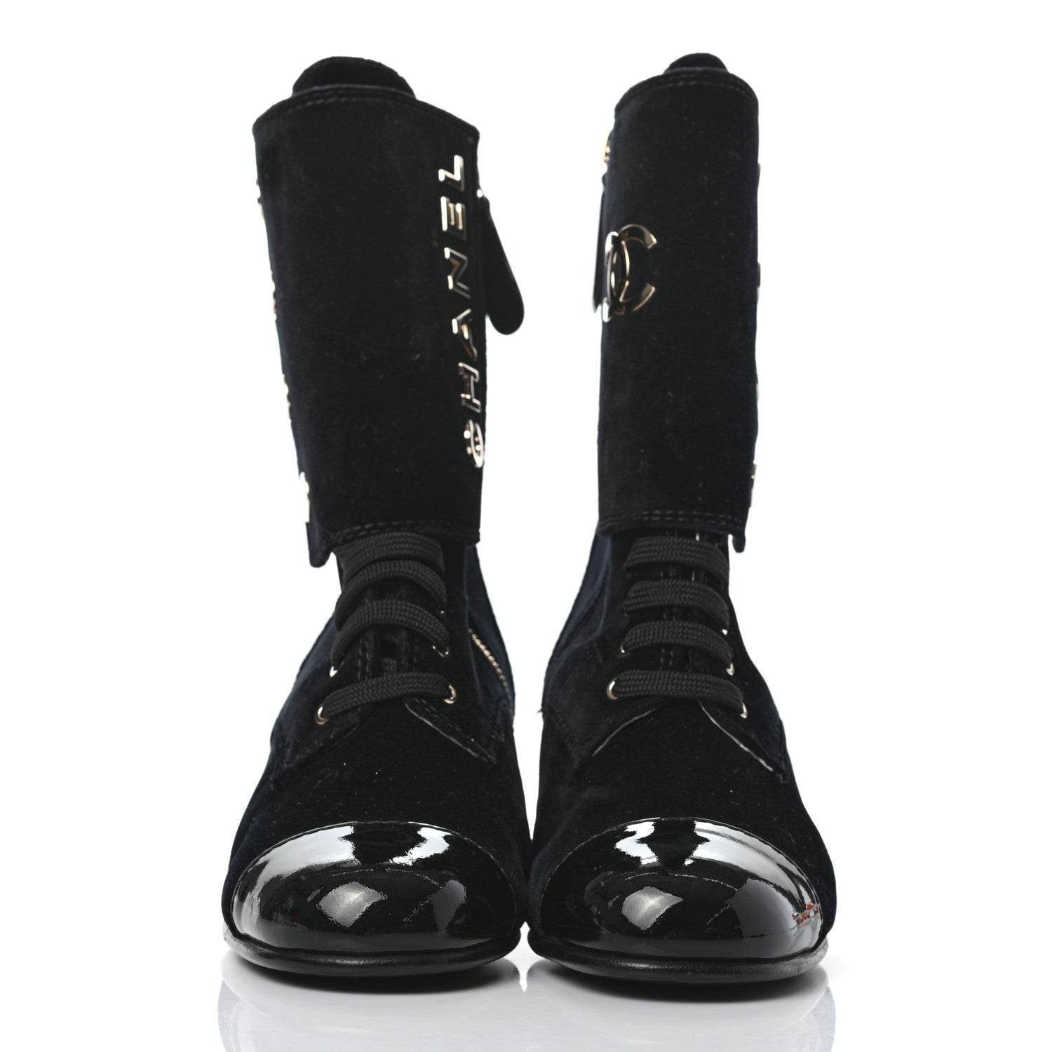 Chanel Velvet Patent Cap Toe CC Lace Up Boots 38.5 Black 2 of 10