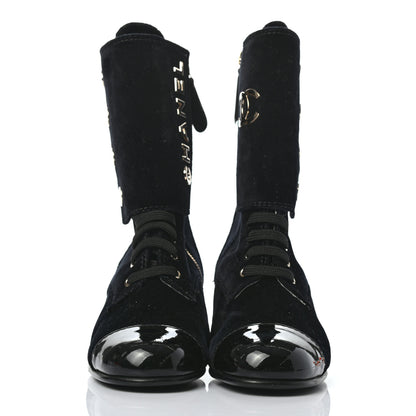 Chanel Velvet Patent Cap Toe CC Lace Up Boots 38.5 Black 2 of 10