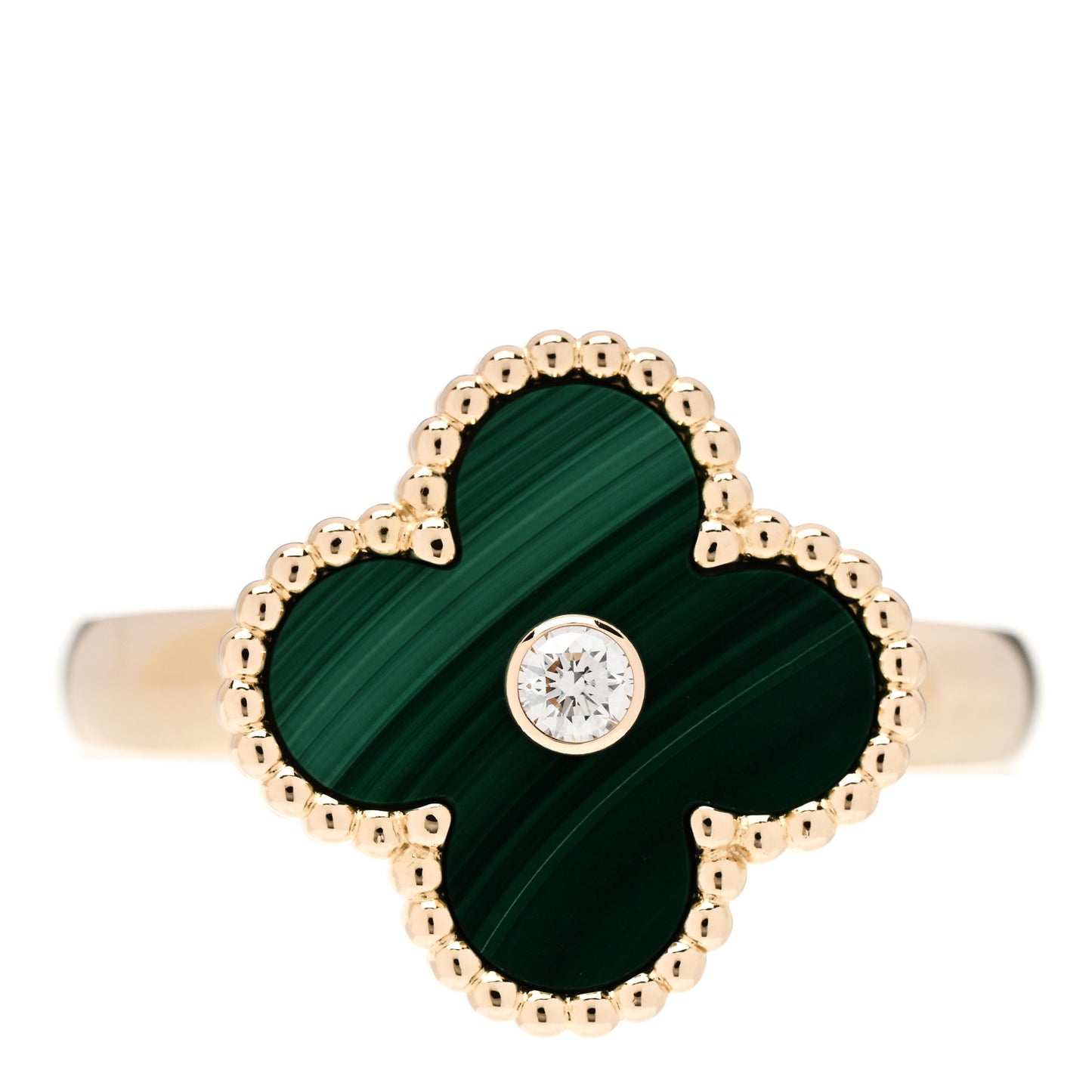 18K Yellow Gold Diamond Malachite Vintage Alhambra Ring 55 7.25