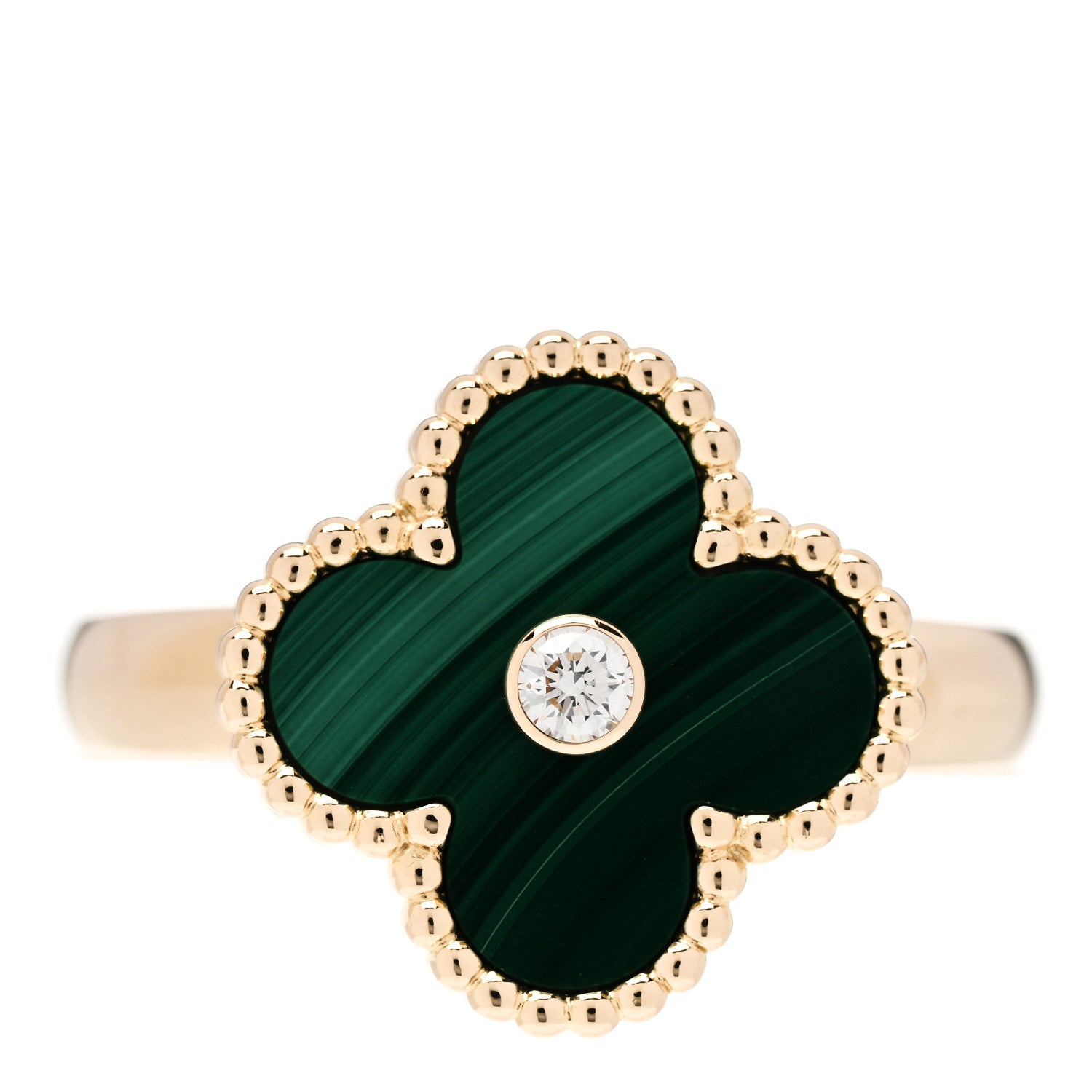 Van Cleef & Arpels 18K Yellow Gold Diamond Malachite Vintage Alhambra Ring 55 7.25 1 of 5