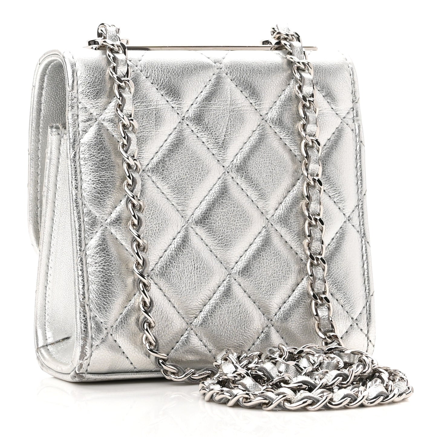 Metallic Lambskin Quilted Mini Trendy CC Clutch With Chain Silver