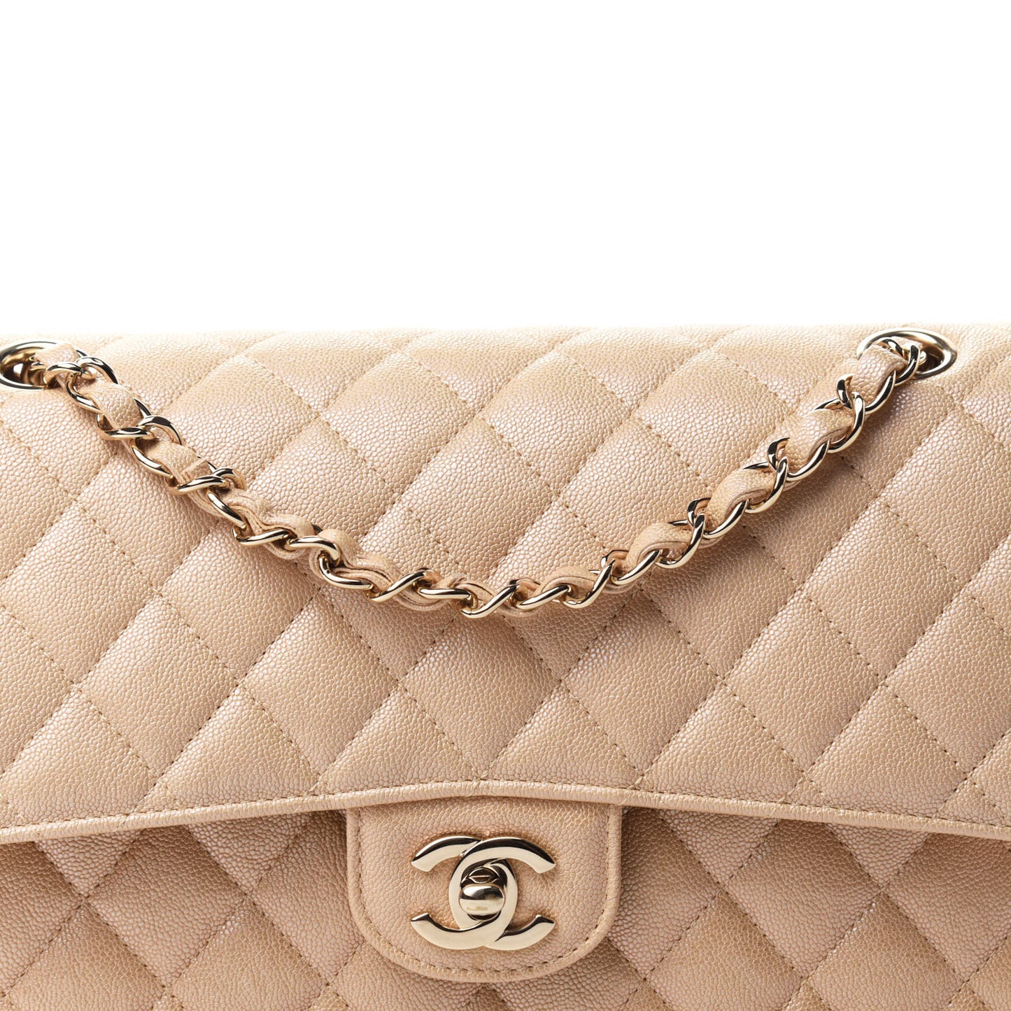 Iridescent Caviar Quilted Medium Double Flap Beige