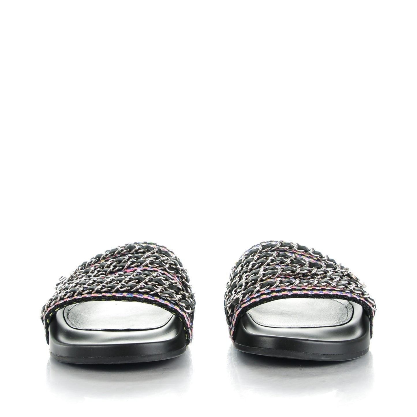 Tweed Lambskin Chain Flat Sandals 39 Black Multicolor