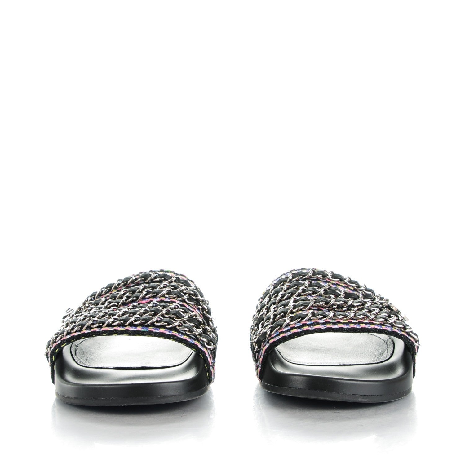 Chanel Tweed Lambskin Chain Flat Sandals 39 Black Multicolor 2 of 9