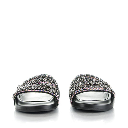 Chanel Tweed Lambskin Chain Flat Sandals 39 Black Multicolor 2 of 9