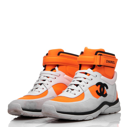 Chanel Suede Calfskin Lambskin Neoprene High Top CC Sneakers 40.5 White Fluo Orange 3 of 10