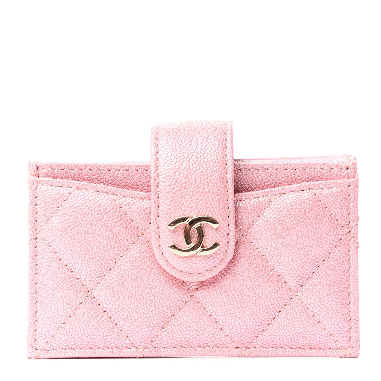 Iridescent Caviar Quilted Gusseted Card Holder Pink