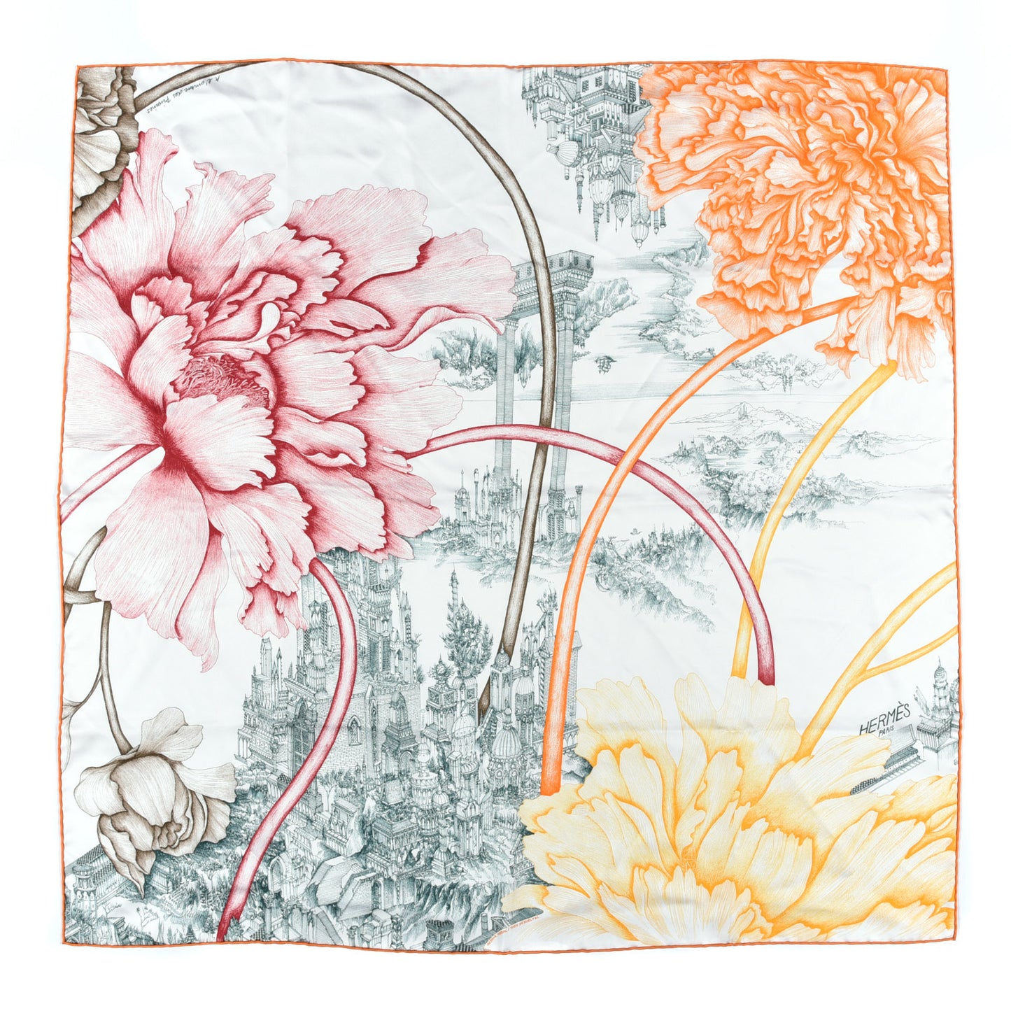 Silk A l'Ombre des Pivoines Scarf 90 White Orange Vert