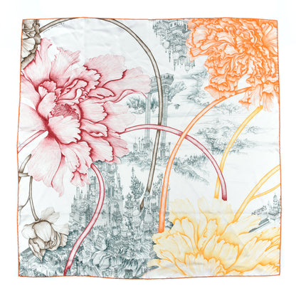 Hermes Silk A l'Ombre des Pivoines Scarf 90 White Orange Vert 1 of 4