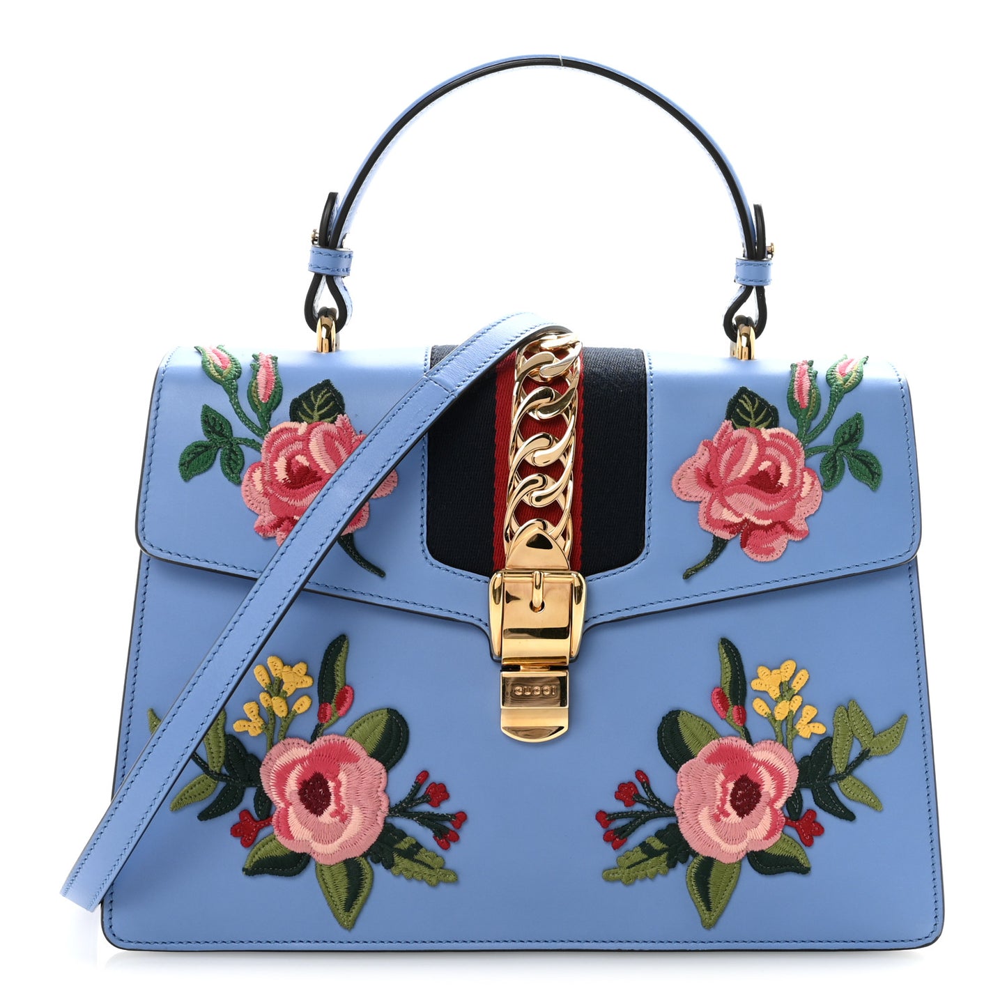 Calfskin Embroidered Medium Sylvie Top Handle Bag Clear Sky Blue