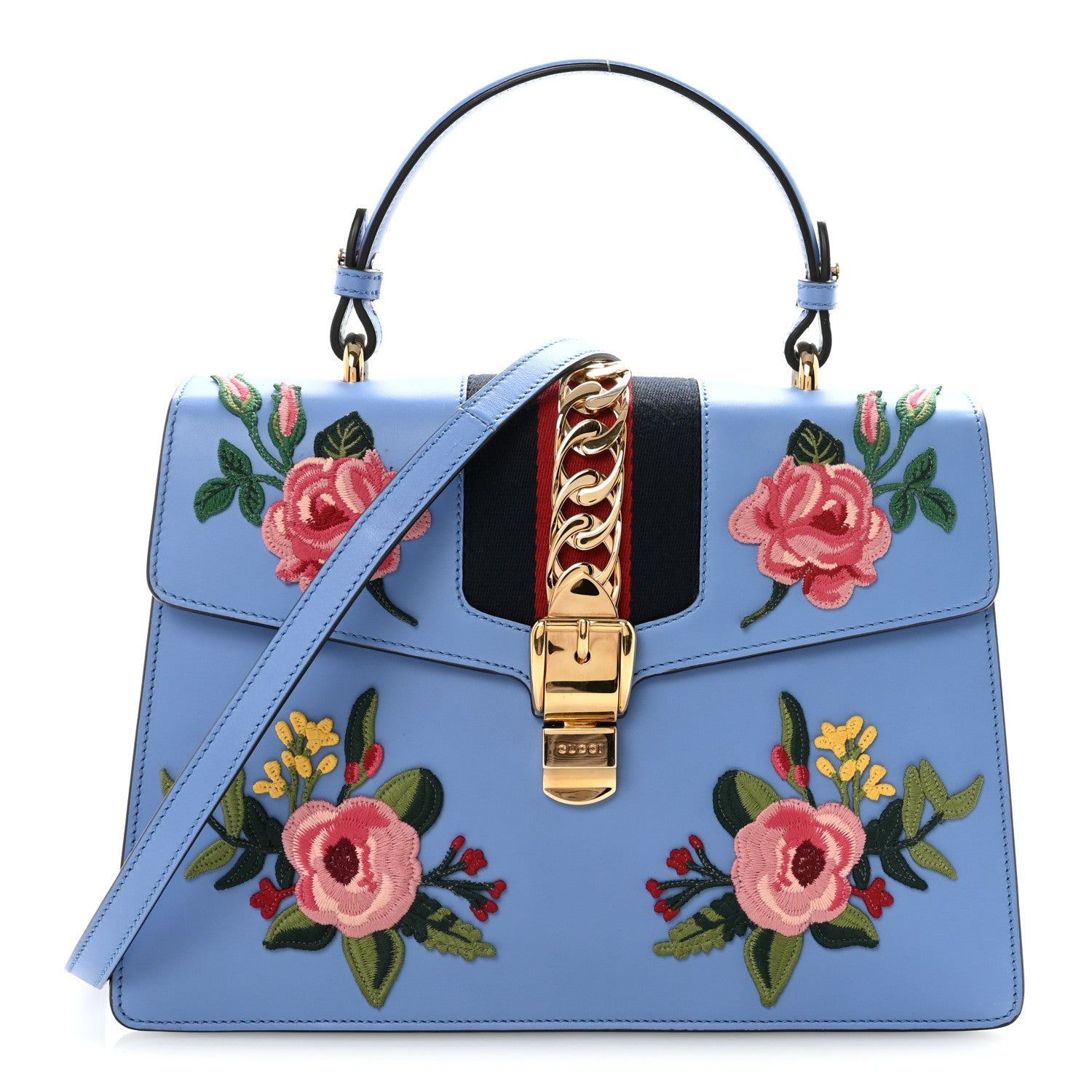 Gucci Calfskin Embroidered Medium Sylvie Top Handle Bag Clear Sky Blue 1 of 10