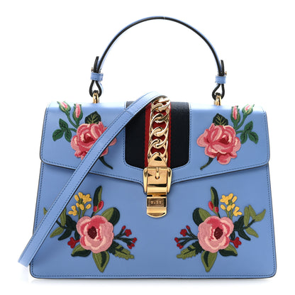 Gucci Calfskin Embroidered Medium Sylvie Top Handle Bag Clear Sky Blue 1 of 10