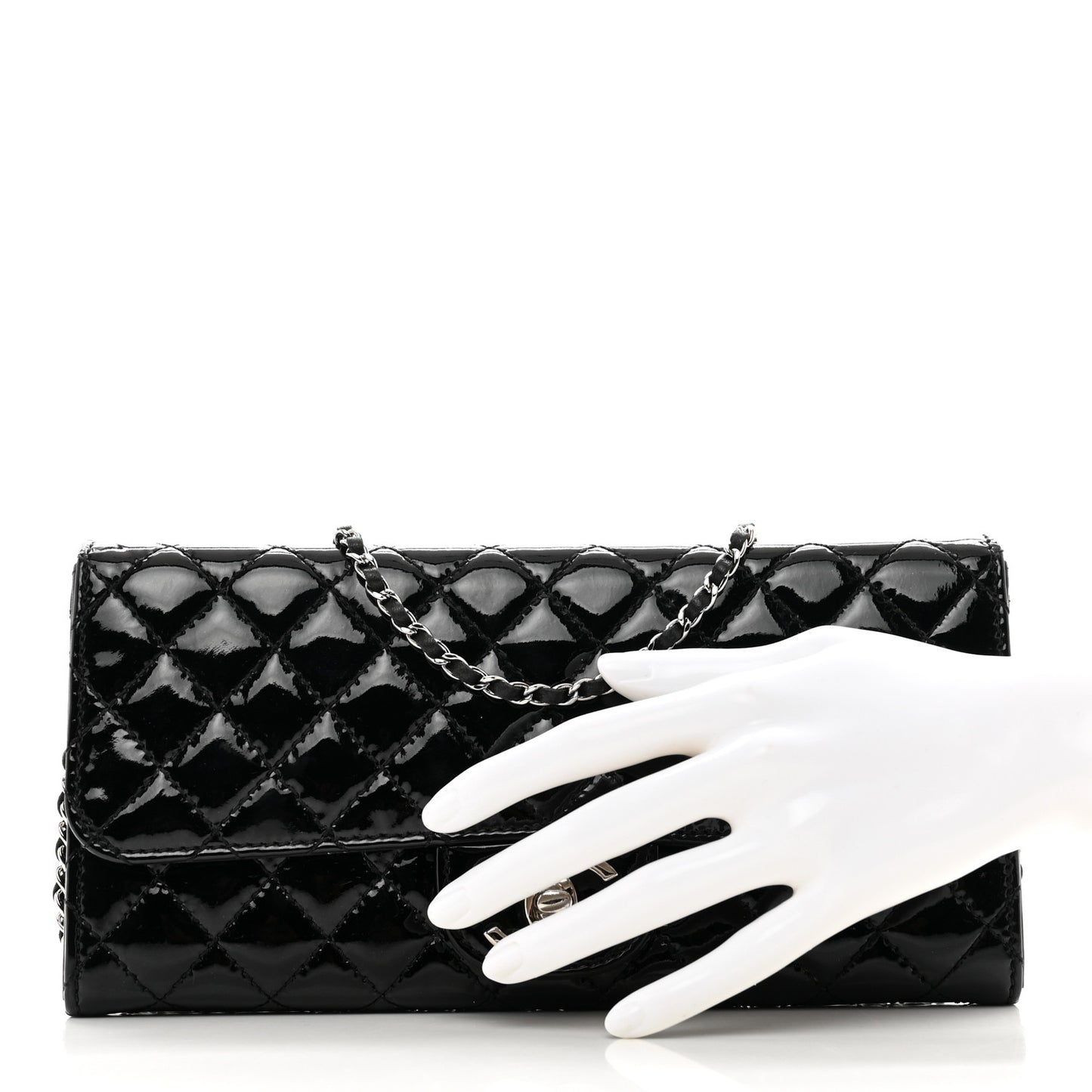 Patent Calfskin Quilted Flap Clutch With Chain Black