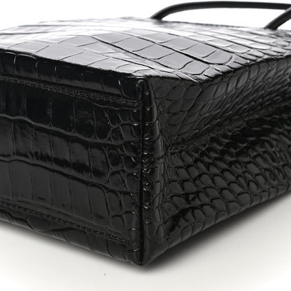 Balenciaga Shiny Calfskin Logo Crocodile Embossed North South Shopper Tote XXS Black White 6 of 12