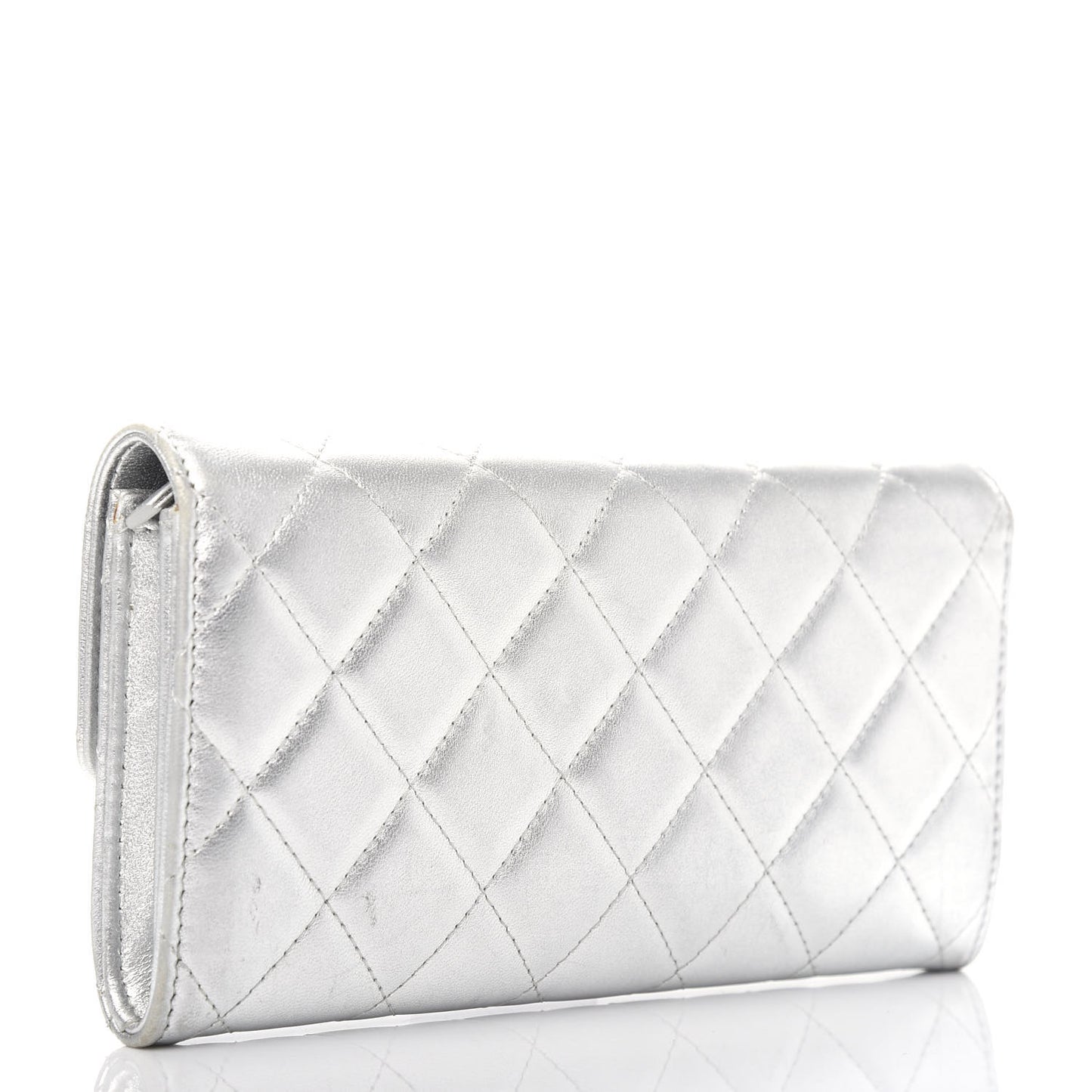 Metallic Lambskin Long Flap Wallet Silver