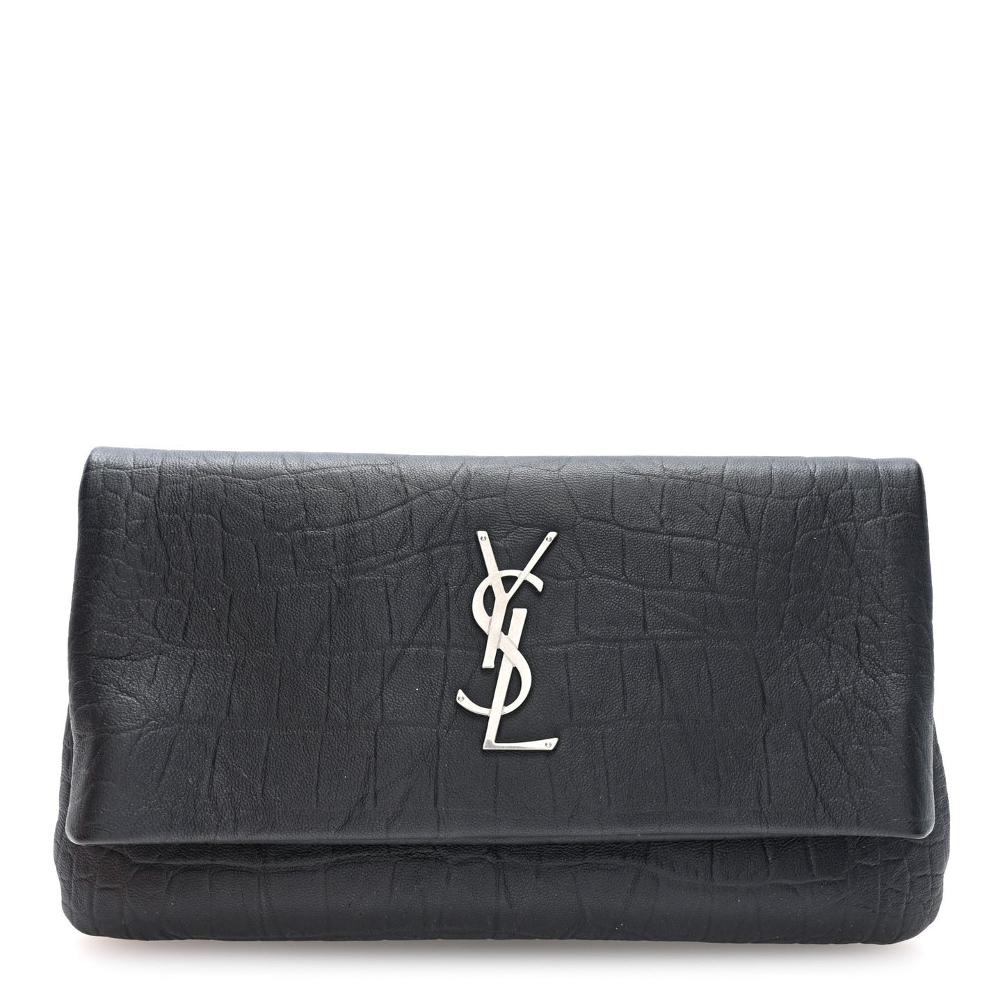 Calfskin Crocodile Embossed West Hollywood Monogram Fold Over Clutch Black