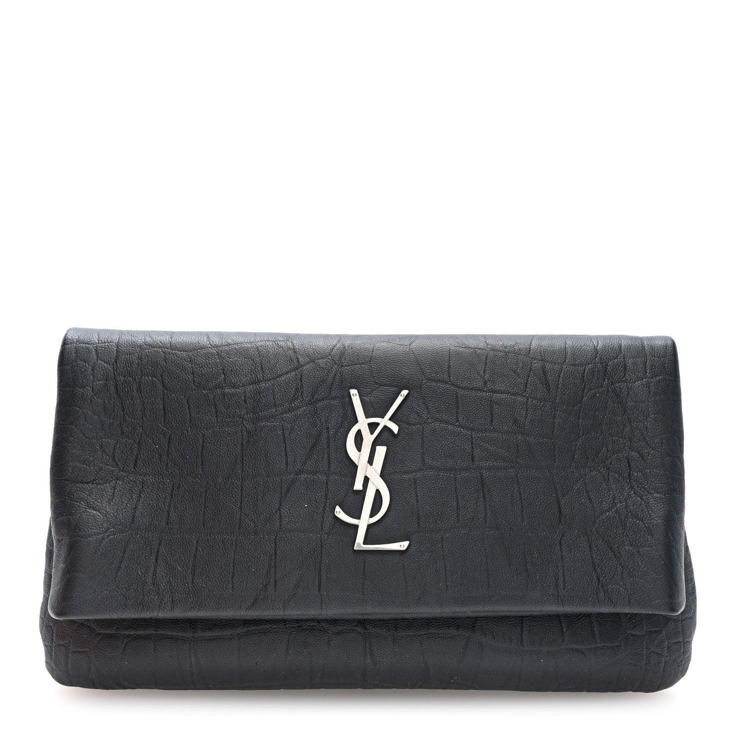Saint Laurent Calfskin Crocodile Embossed West Hollywood Monogram Fold Over Clutch Black 1 of 6