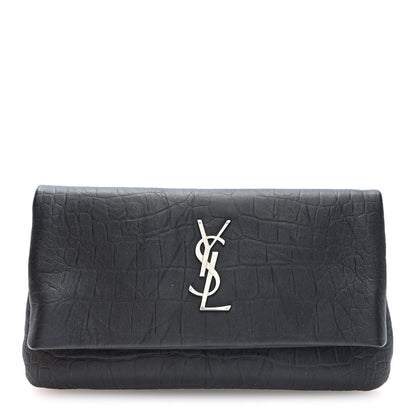 Saint Laurent Calfskin Crocodile Embossed West Hollywood Monogram Fold Over Clutch Black 1 of 6