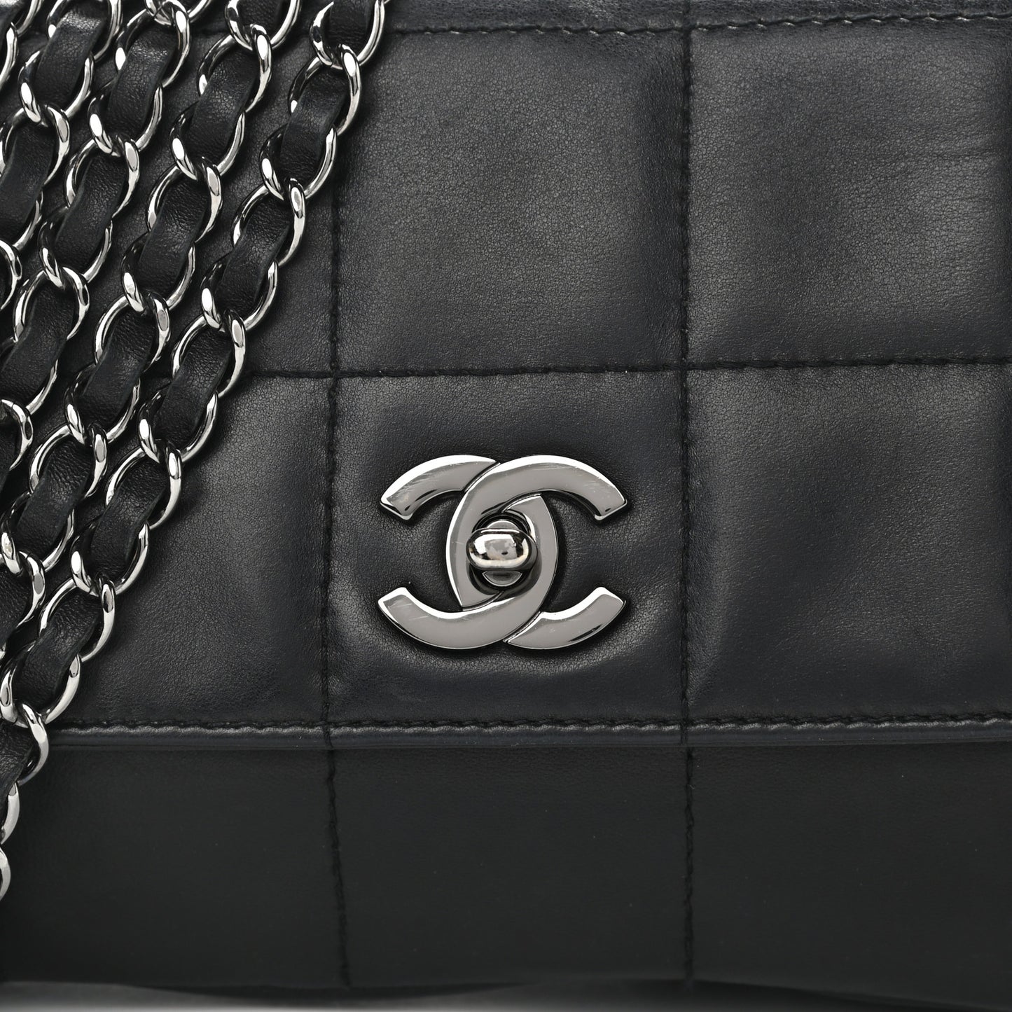 Lambskin Chocolate Bar Quilted Lambskin 5 Chain Flap Black
