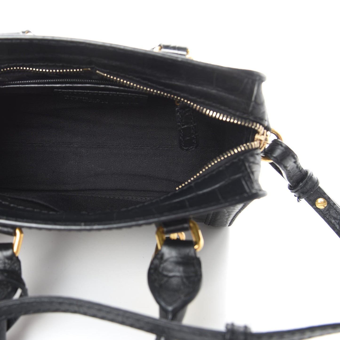 Calfskin Crocodile Embossed Mini Skull Padlock Zip Around Tote Black
