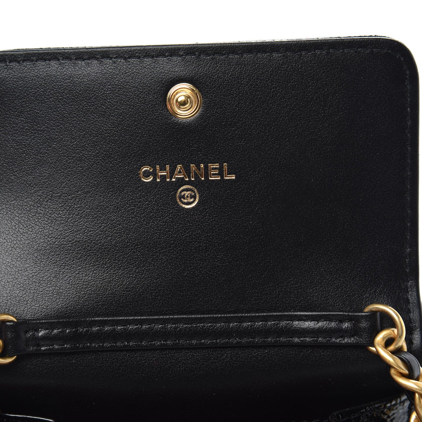 Shiny Crumpled Calfskin Quilted Chanel 19 Flap Coin Purse With Chain Black