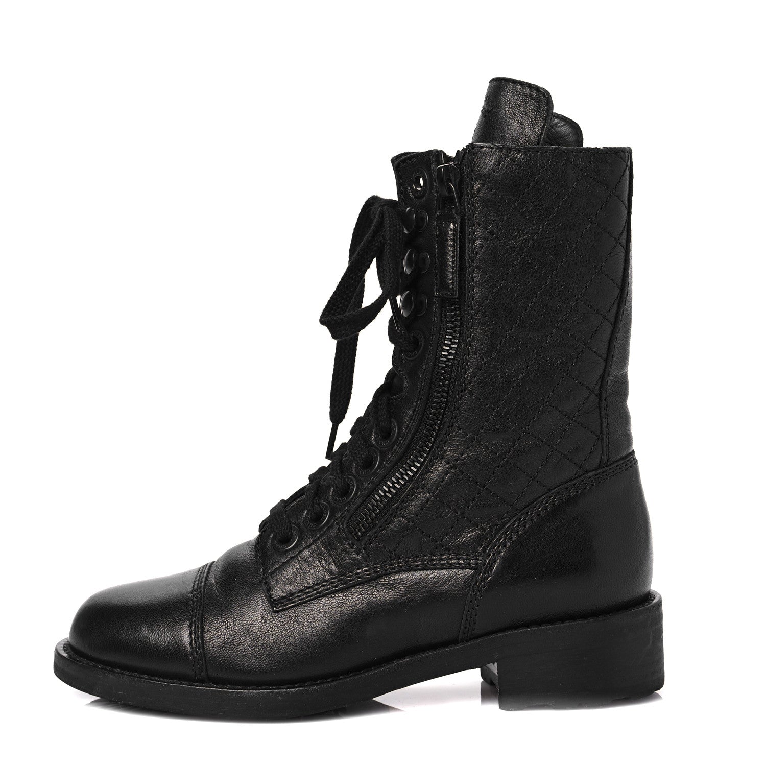 Chanel Sheepskin Quilted Lace Up Combat Boots 35 Black 1 of 6