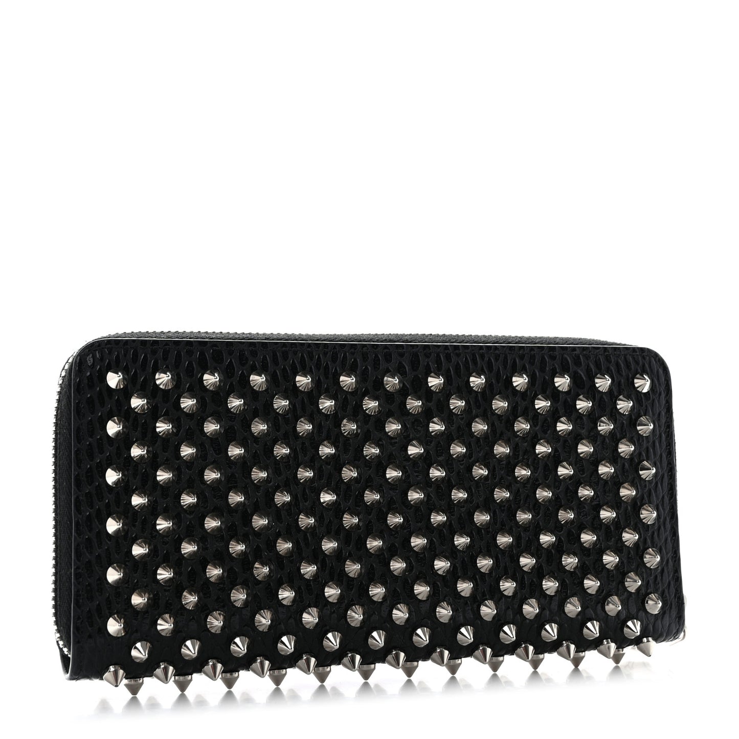 Calfskin Snakeskin Embossed Panettone Spiked Zip Around Wallet Black