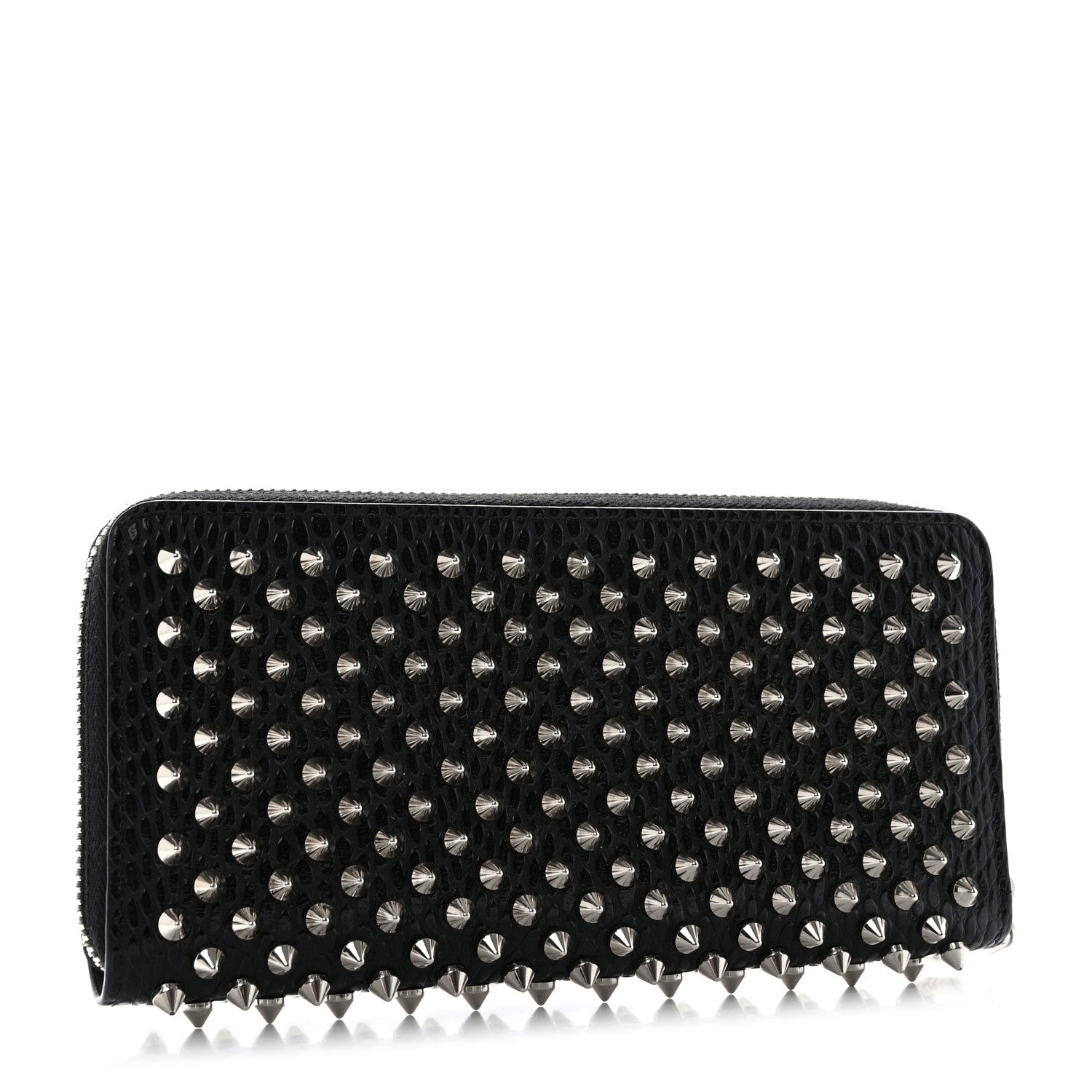 Christian Louboutin Calfskin Snakeskin Embossed Panettone Spiked Zip Around Wallet Black 3 of 12