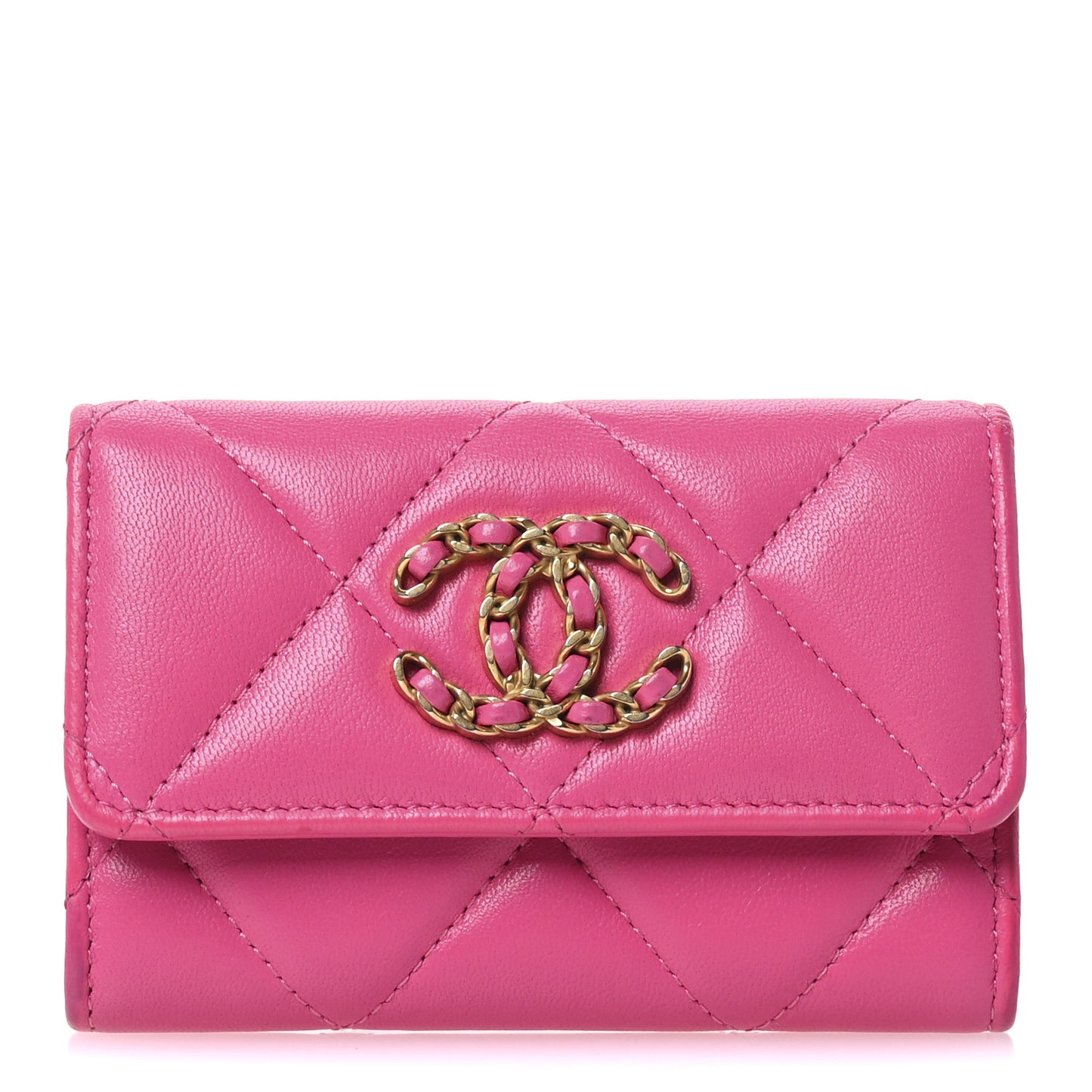 Lambskin Quilted Chanel 19 Flap Card Holder Dark Pink