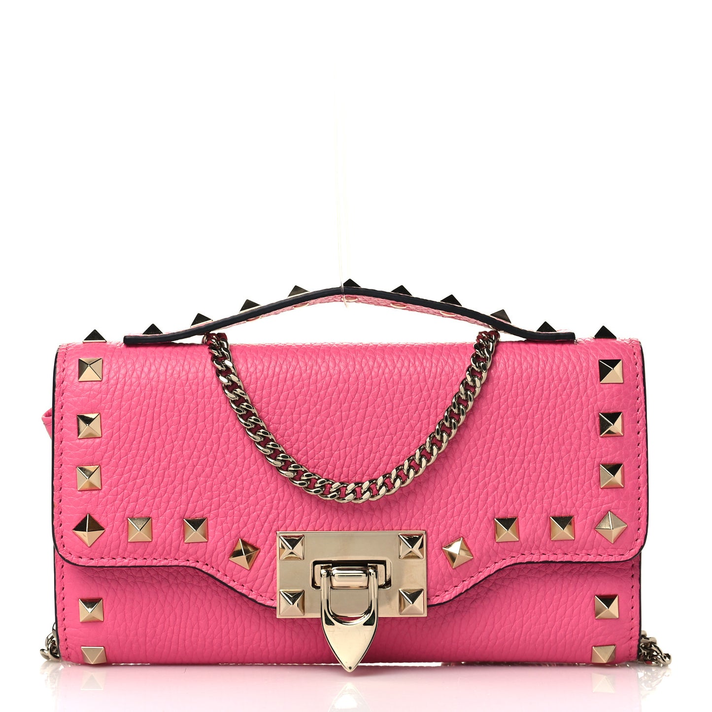Pebbled Calfskin Rockstud Flip Lock Wallet On Chain Feminine Pink