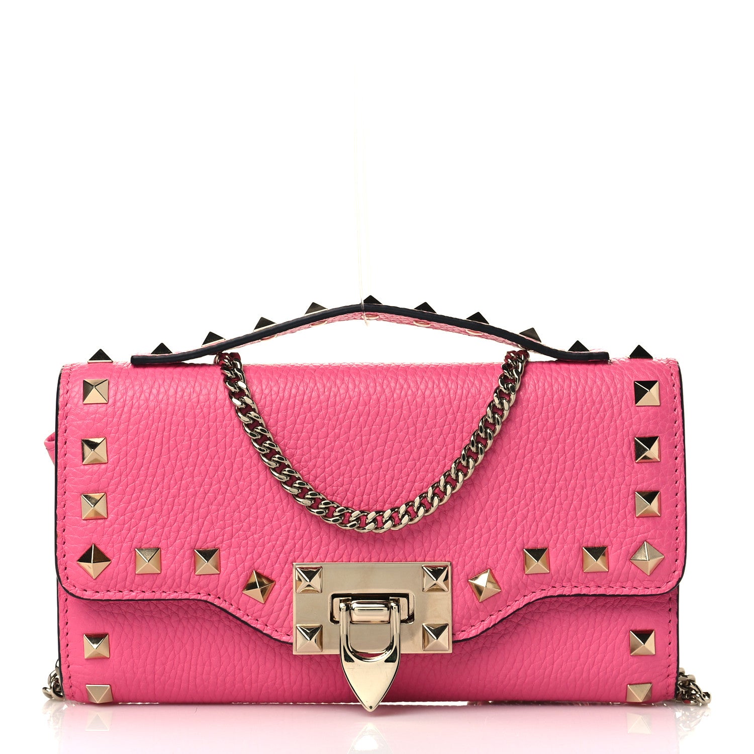 Valentino Garavani Pebbled Calfskin Rockstud Flip Lock Wallet On Chain Feminine Pink 1 of 7