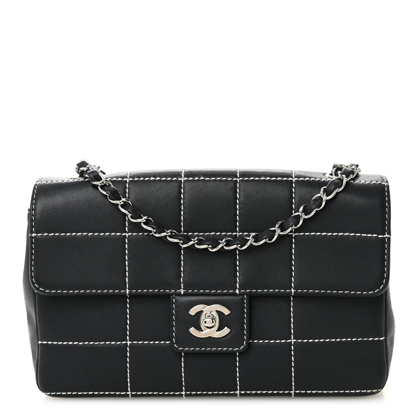 Calfskin Contrast Stitched Medium Single Flap Navy Blue