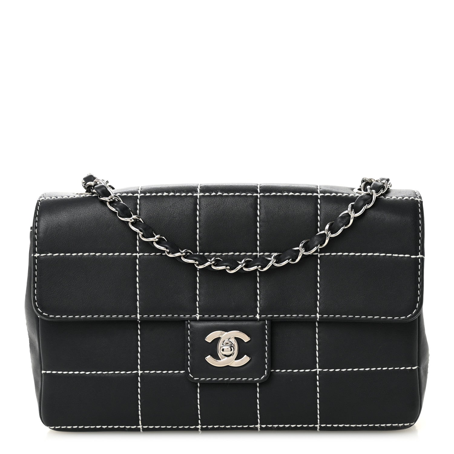 Chanel Calfskin Contrast Stitched Medium Single Flap Navy Blue 1 of 11