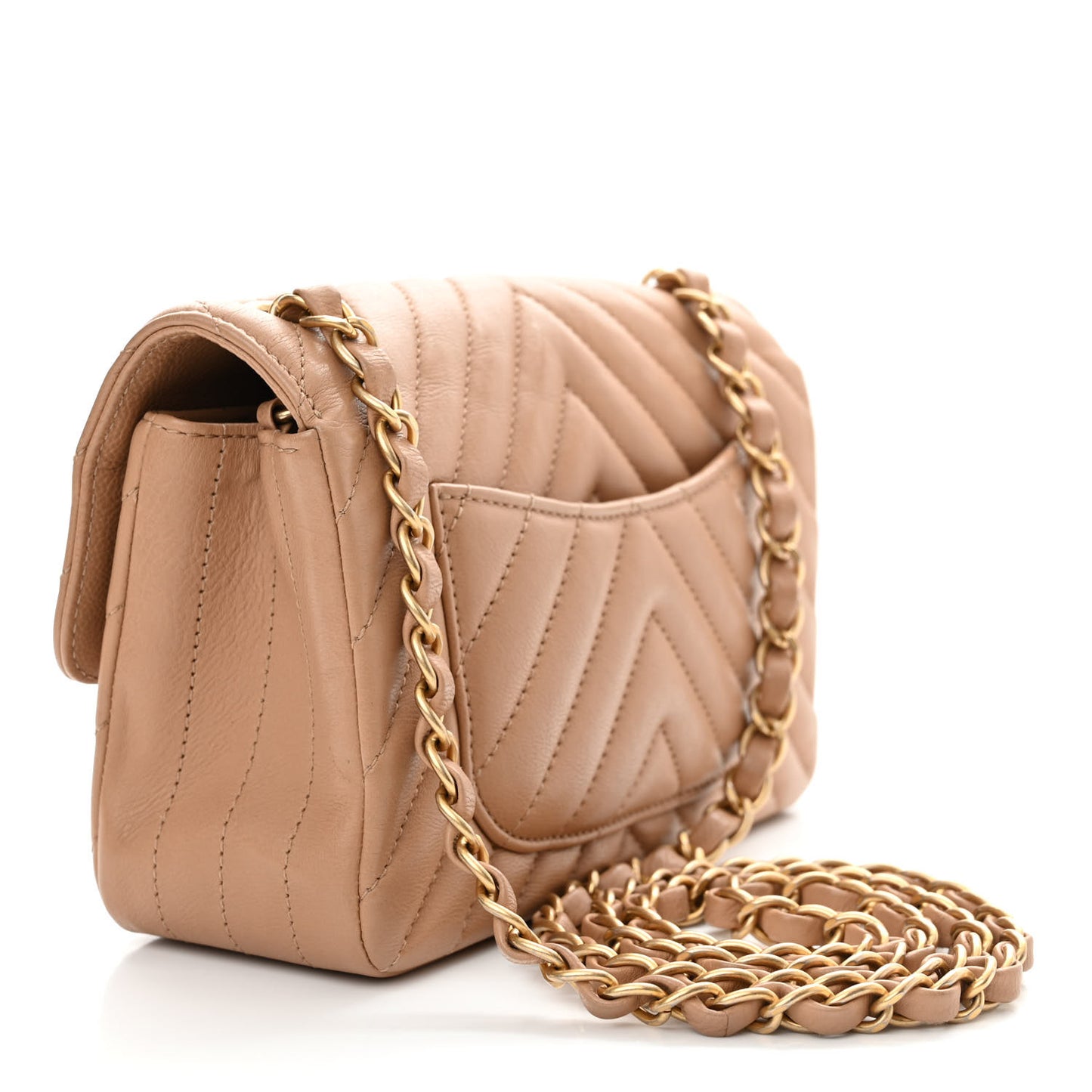 Calfskin Chevron Quilted Mini Rectangular Flap Dark Beige