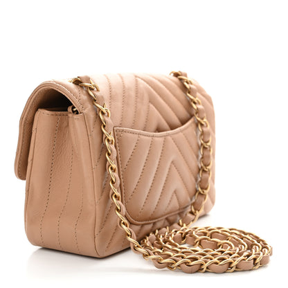 Chanel Calfskin Chevron Quilted Mini Rectangular Flap Dark Beige 3 of 13