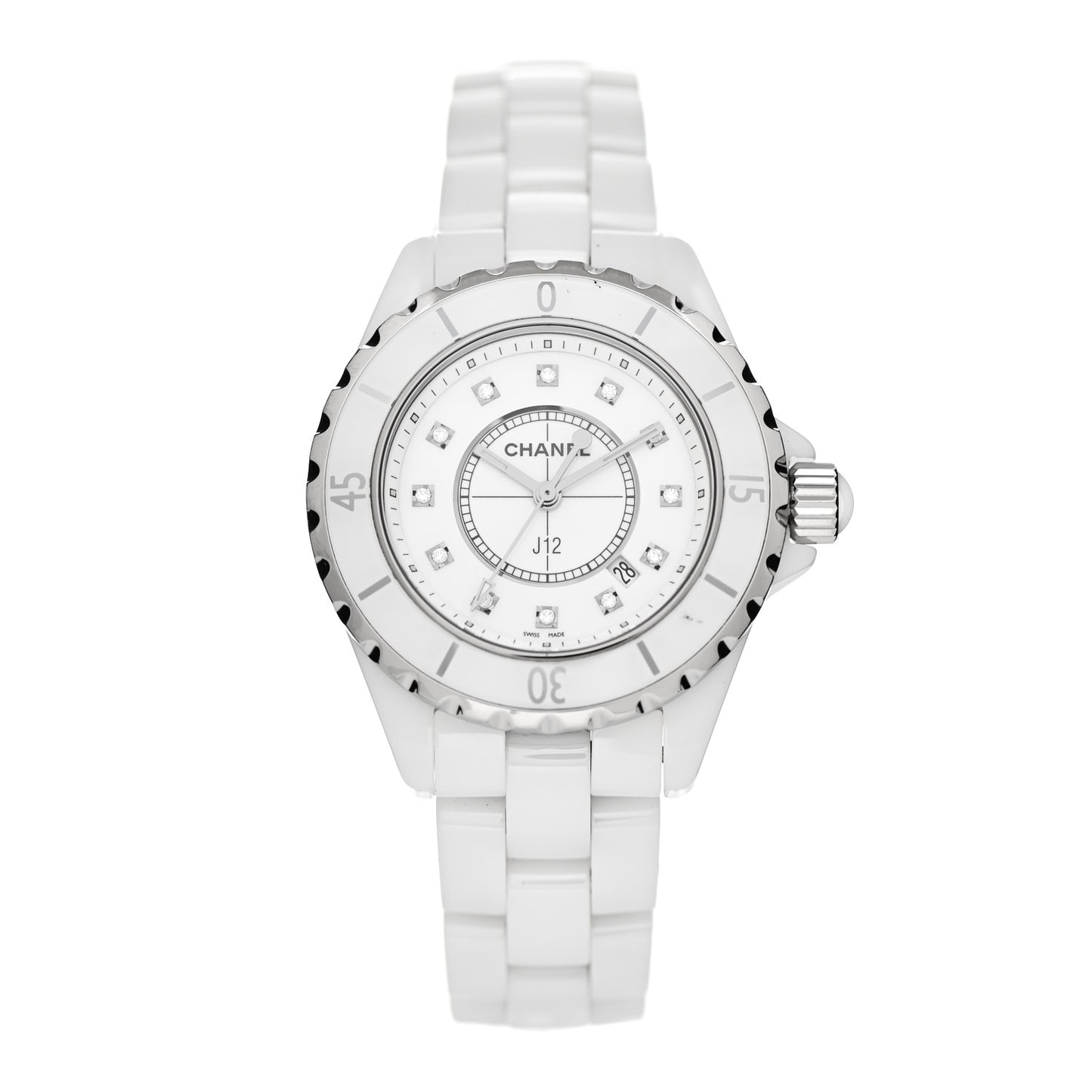 Stainless Steel Ceramic Diamond 33mm J12 Quartz Watch White
