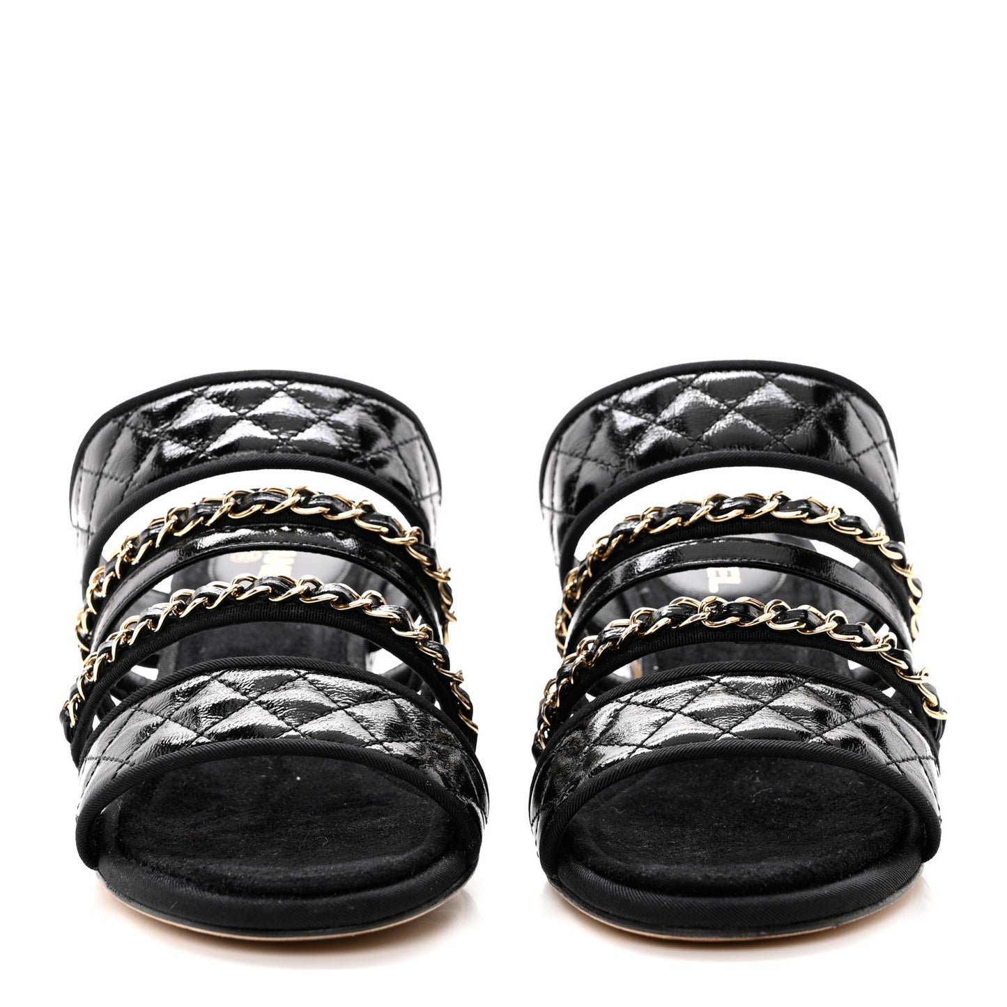 Distressed Patent Quilted Chain Mule Sandals 36 Black