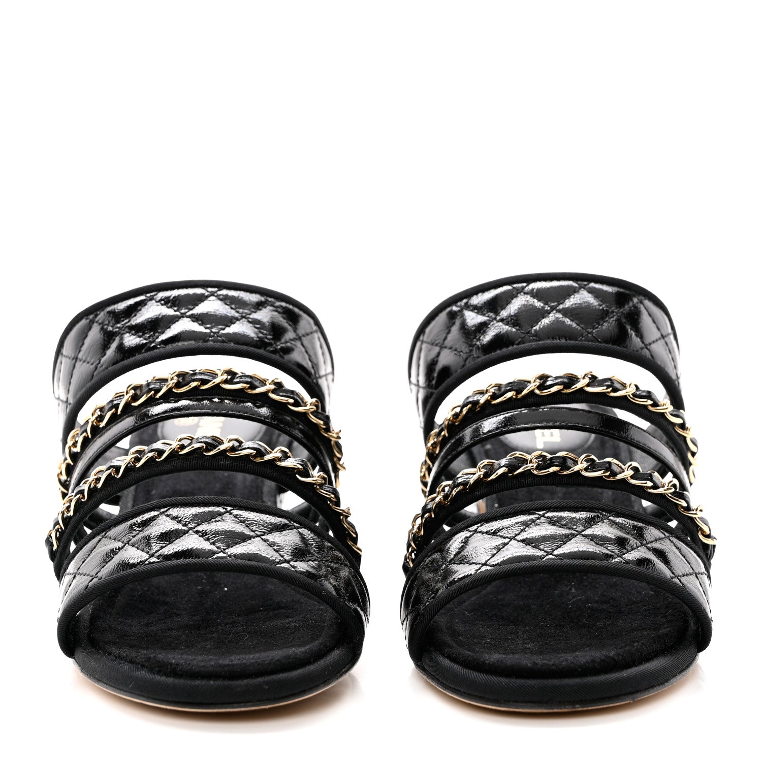 Chanel Distressed Patent Quilted Chain Mule Sandals 36 Black 2 of 13