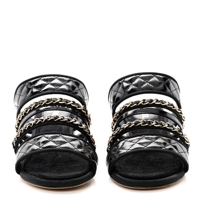 Chanel Distressed Patent Quilted Chain Mule Sandals 36 Black 2 of 13