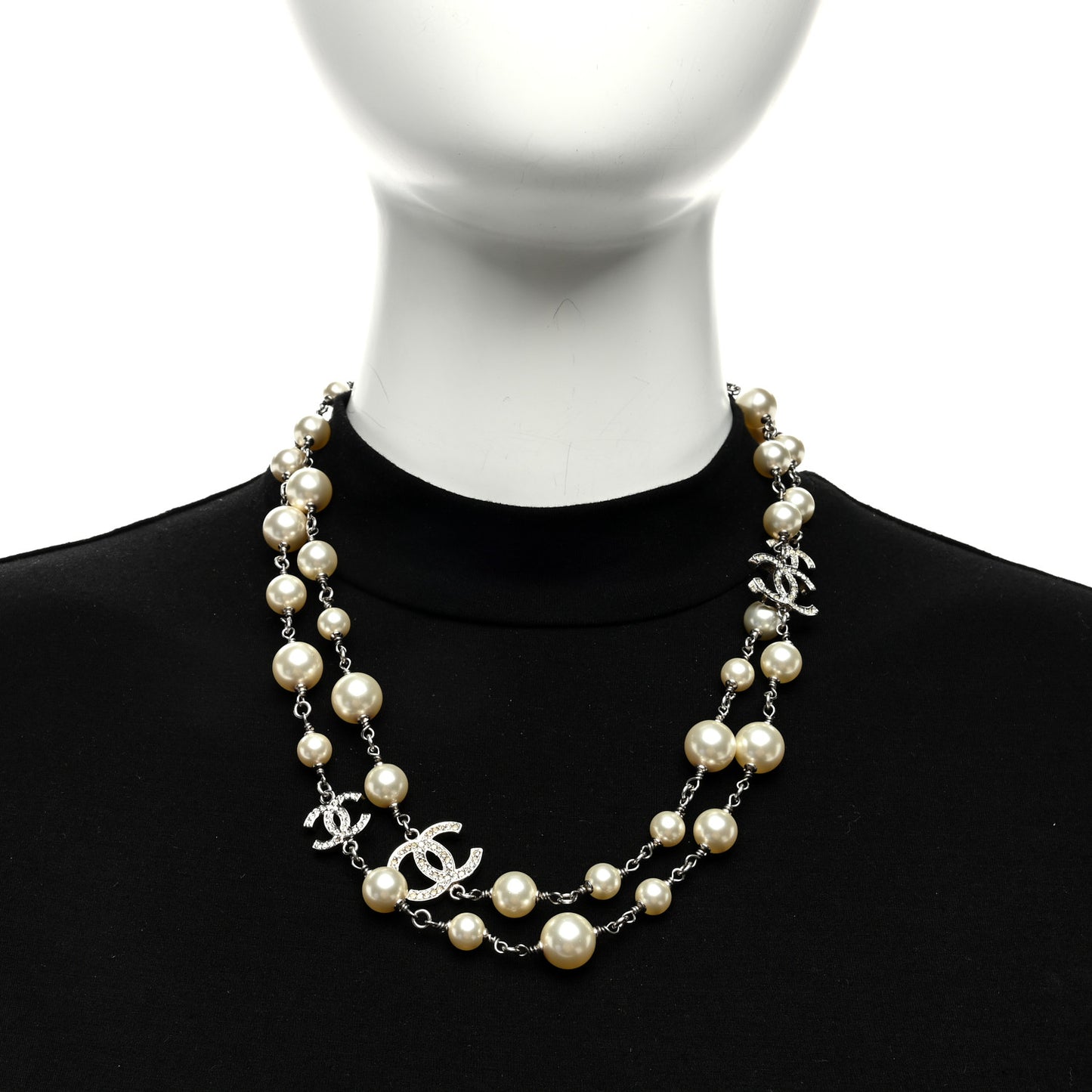 Graduated Pearl Crystal CC Long Necklace Silver