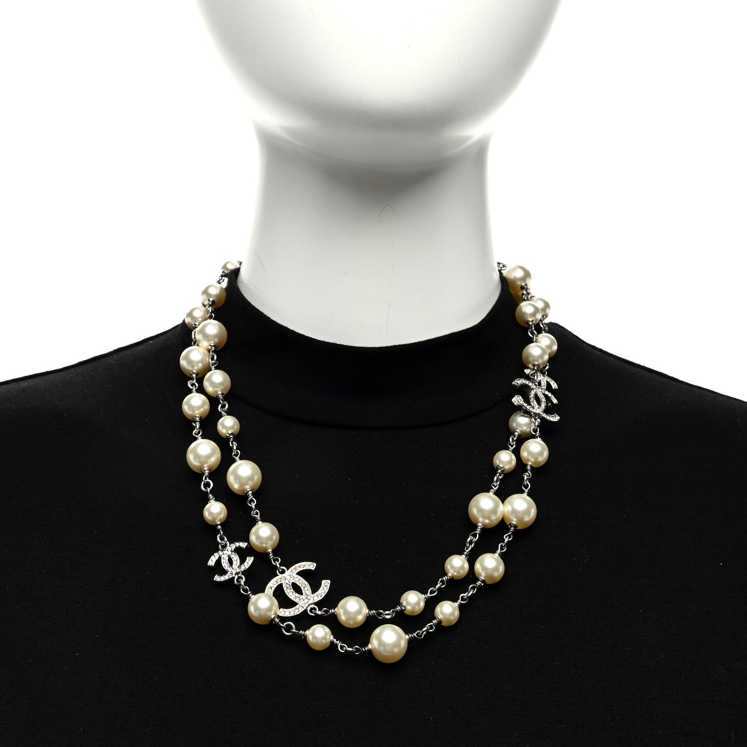 Chanel Graduated Pearl Crystal CC Long Necklace Silver 3 of 5