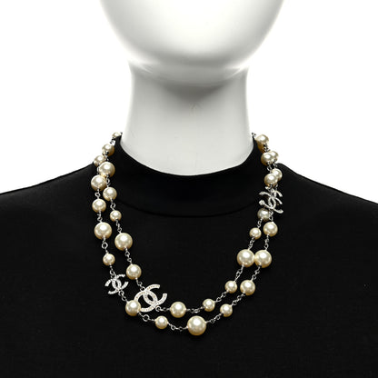 Chanel Graduated Pearl Crystal CC Long Necklace Silver 3 of 5